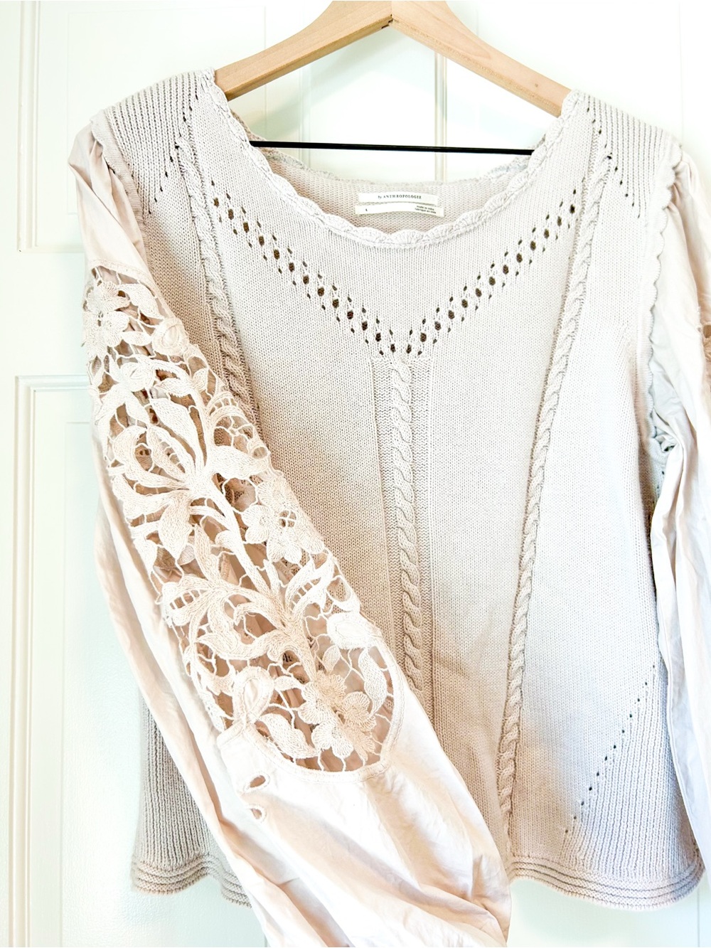By Anthropologie Cutwork Puff-Sleeve Cotton Sweater - Large - Picture 6 of 9